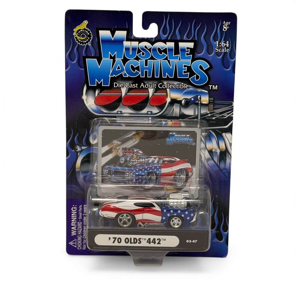 Muscle Machines '70 Olds 442 Die-Cast 1:64 Scale Blue Stars/Stripes NIB 03-47